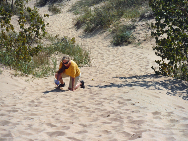 Karen crawls up the dune